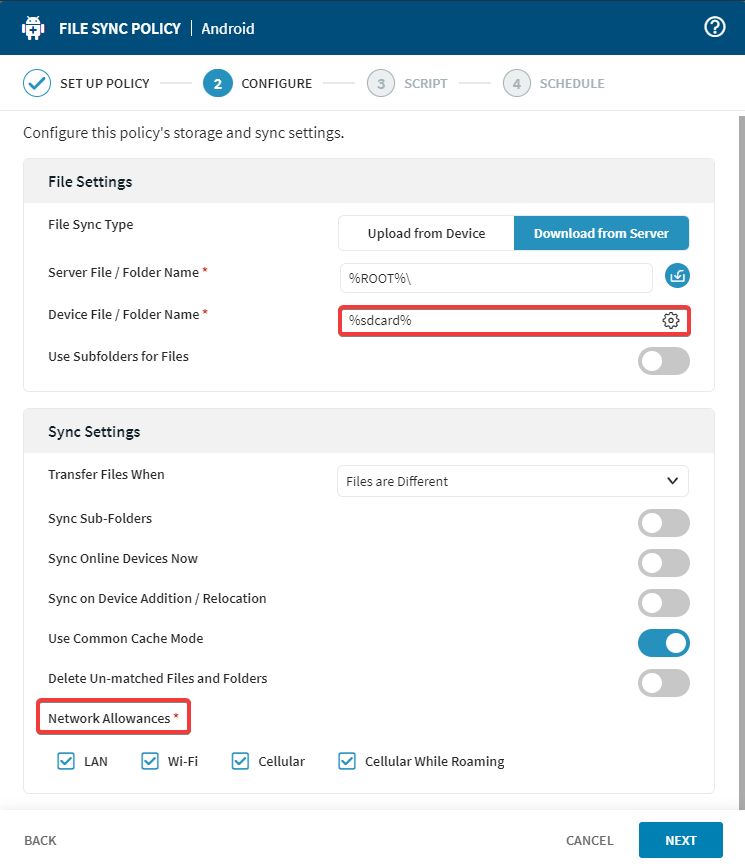 Configuring settings in a file sync policy.