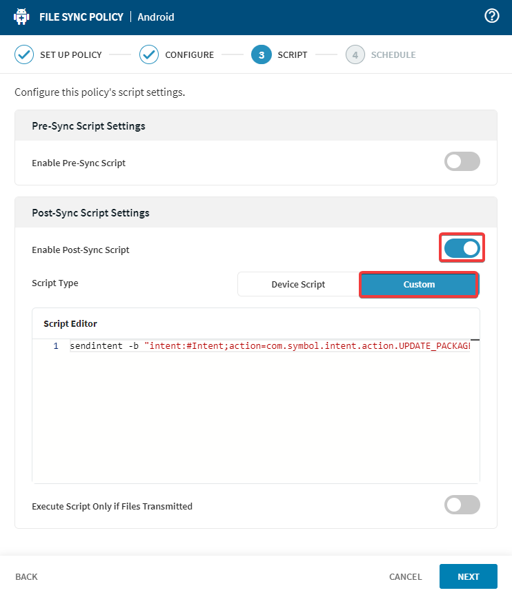 Scripts in a file sync policy.