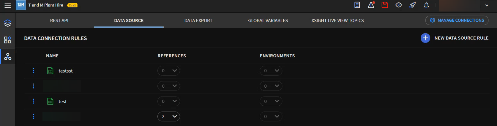 Apps > Edit an App >  Data Connection Rules > Data Source