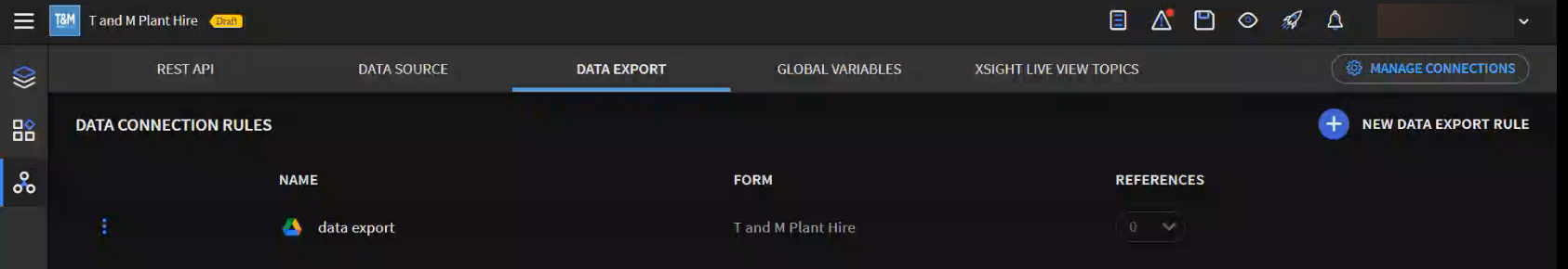 Apps > Edit an App >  Data Connection Rules > Data Export