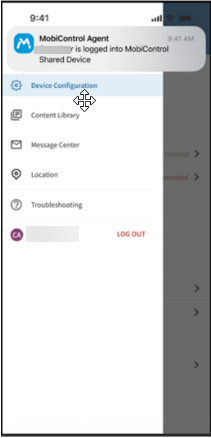 Example view of the ‘SOTI MobiControl’ agent app showing a logged-in Shared Device session