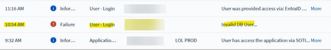 Error logs when a user tries to login.