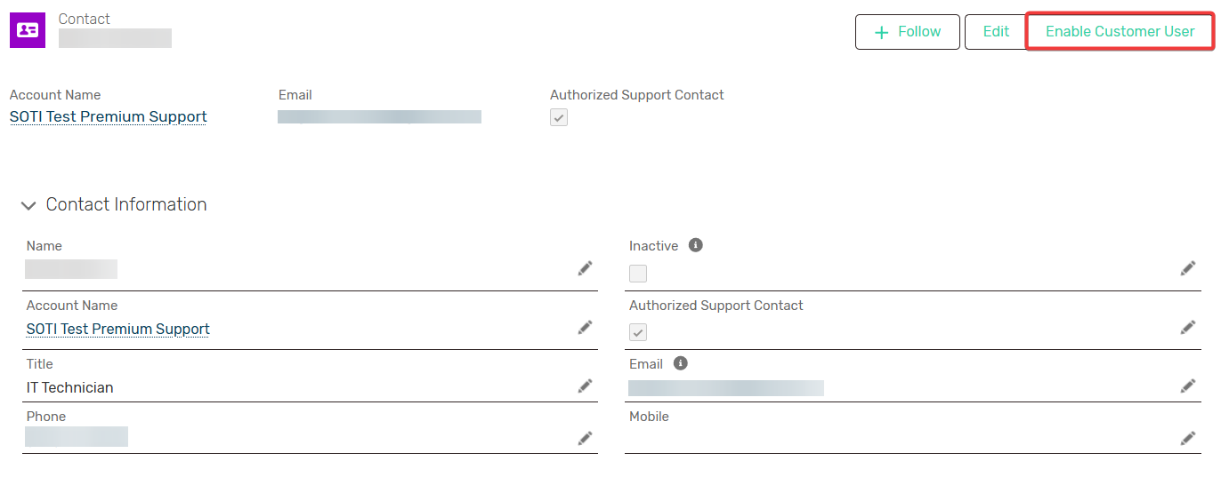 Image of a digital contact form displaying fields like Account Name, Email, Title, and Phone. Options include "Follow," "Edit," and "Enable Customer User."