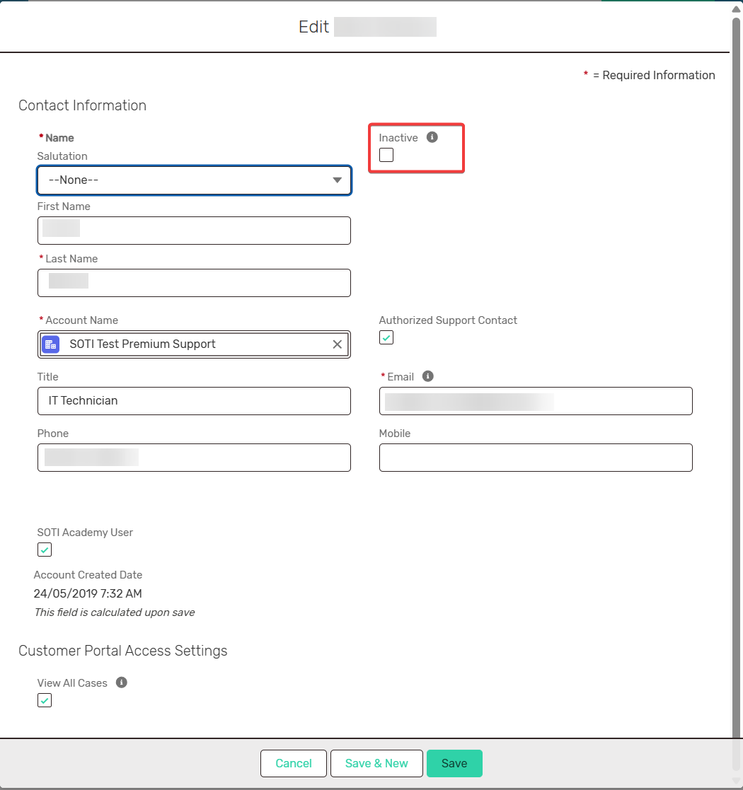 Form interface titled "Edit" with fields for contact info, including name, account, title, email, and phone. Options for "Inactive" and support contact. Save buttons at bottom.