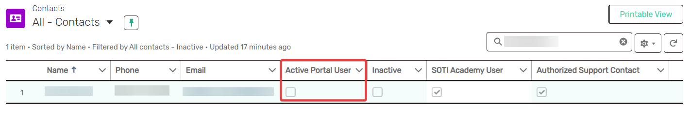 Contact management interface showing columns for name, phone, email, active portal user status, and more. 'Active Portal User' is highlighted.