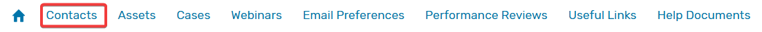 Navigation menu with options: Contacts (highlighted), Assets, Cases, Webinars, Email Preferences, Performance Reviews, Useful Links, and Help Documents.