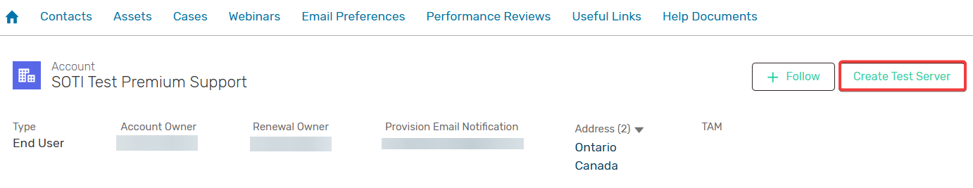Screenshot of a software interface showing account details for "SOTI Test Premium Support." Includes types like "End User" and options to "Follow" or "Create Test Server." Tabs and navigation links are visible above.