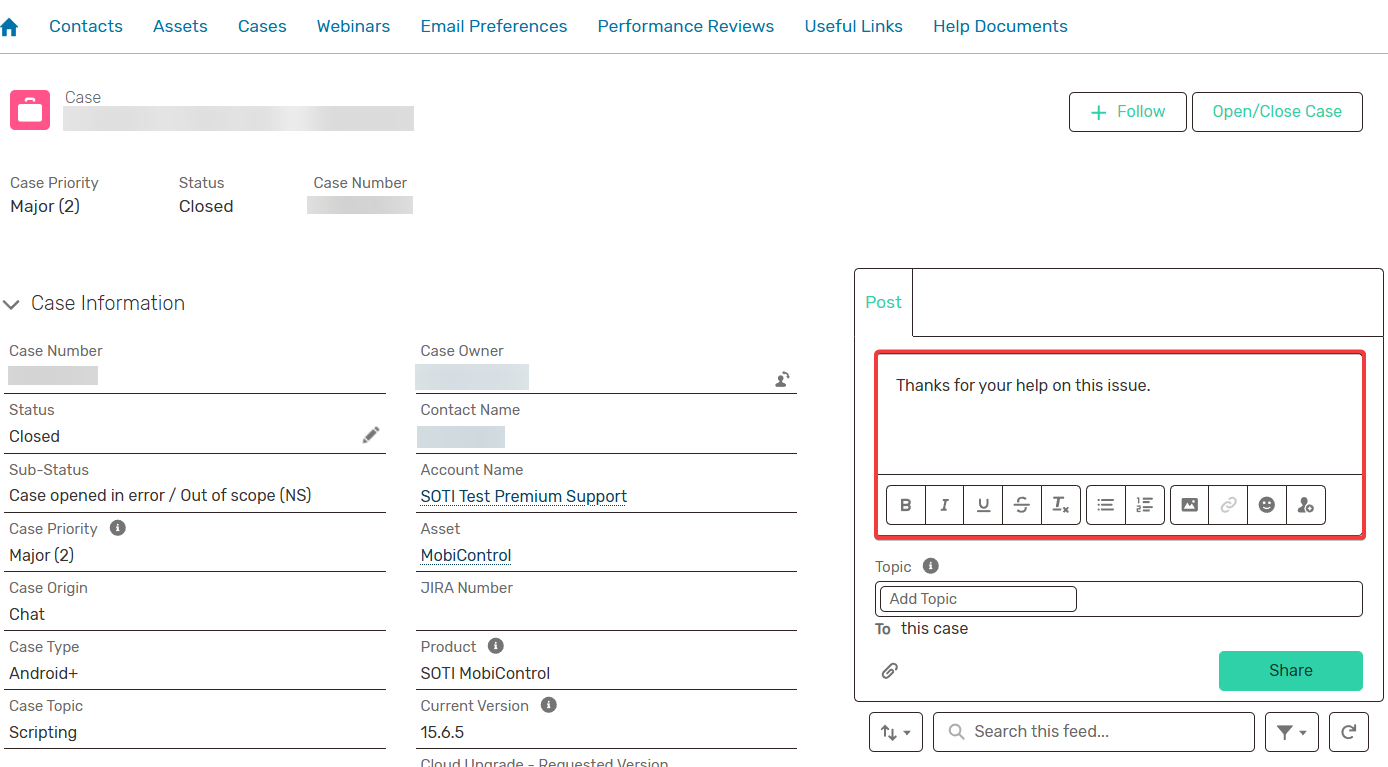 User interface of a case management system showing a closed case, with fields like status and contact name. A text post thanks someone for help.