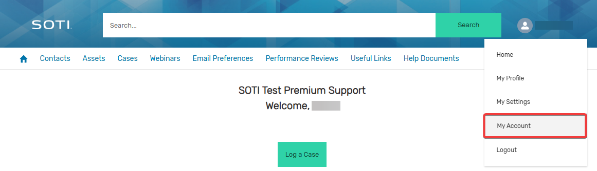 Screenshot of a SOTI test support page. Menu includes Contacts, Assets, and more. User dropdown options like "My Account" are highlighted.