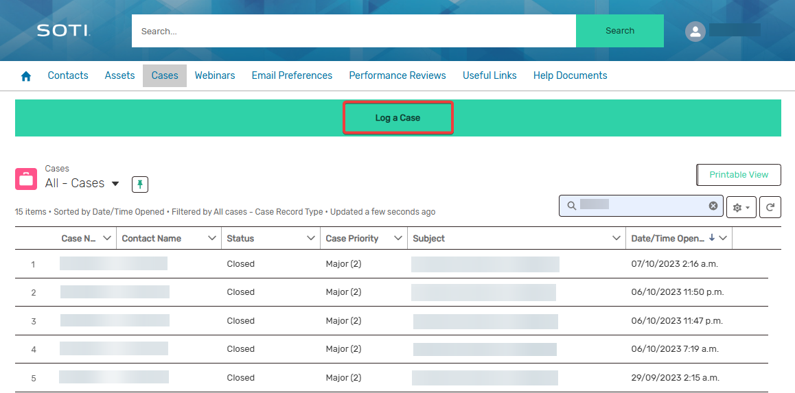 Screenshot of a case management dashboard showing options like Contacts, Assets, and Cases. A 'Log a Case' button is highlighted, with a list of closed cases below.