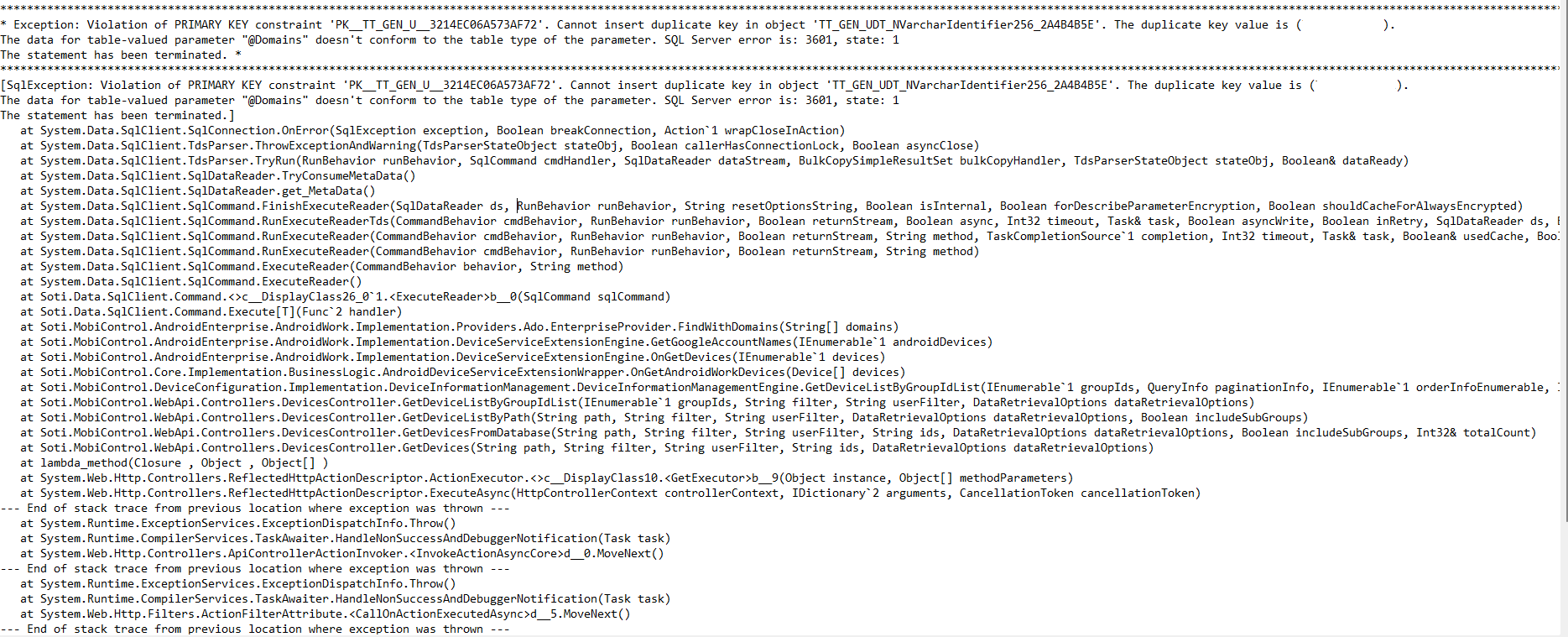 Management Server log capturing the exceptions observed during this issue