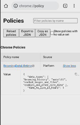 Policy visible at chrome://policy on the device