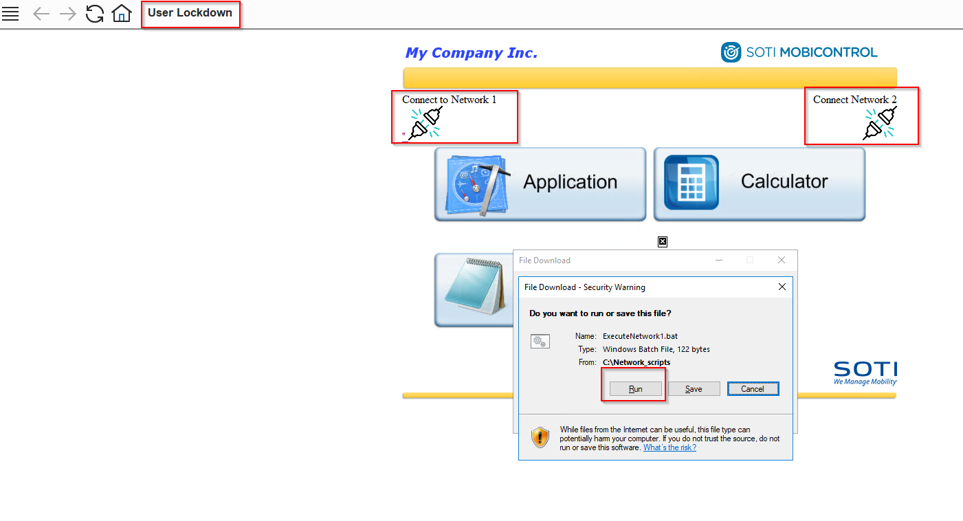 Screenshot showing the Lockdown on the device, displaying the two created icons with a prompt to run the script.
