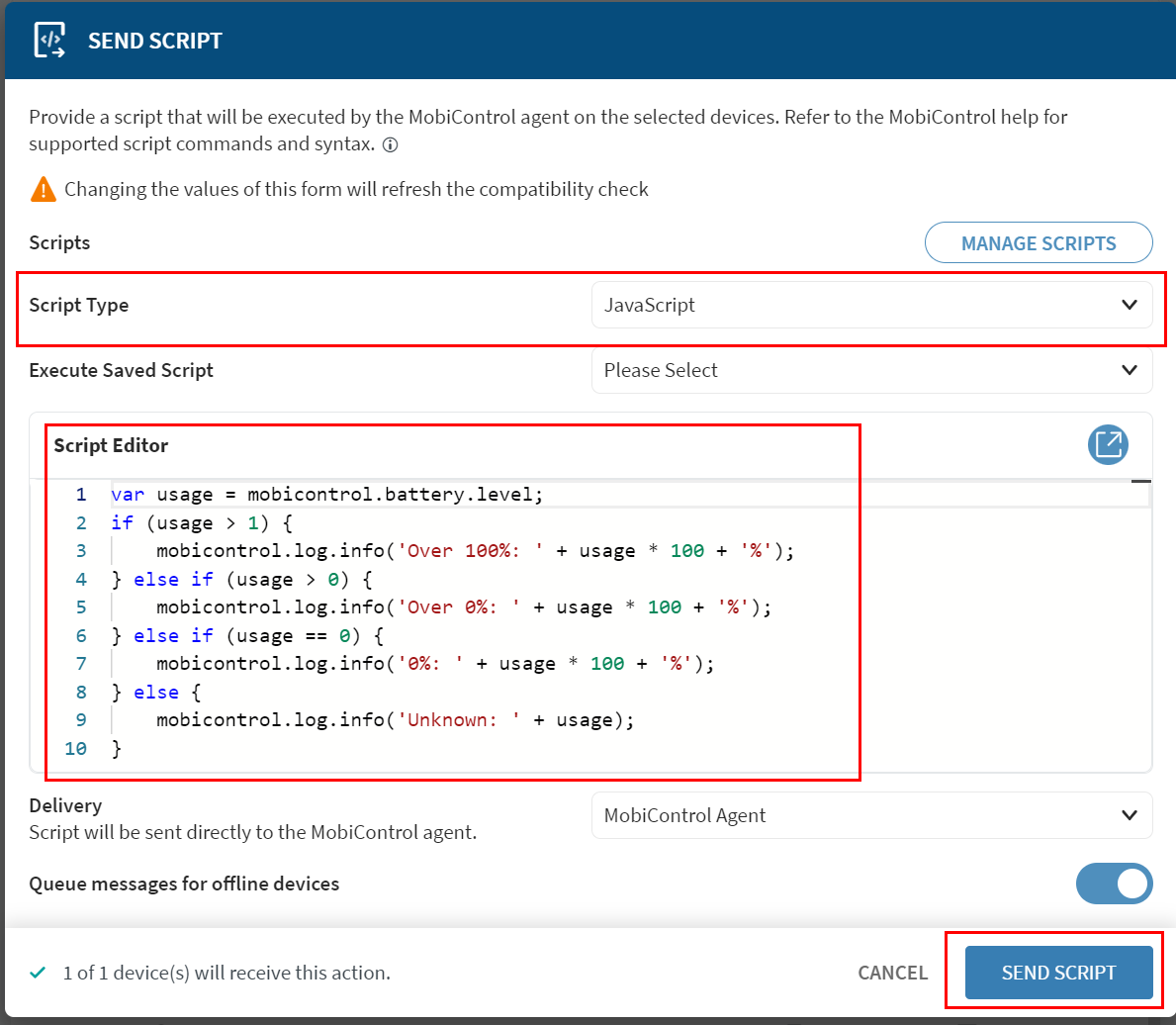 The Send Script panel with script entered