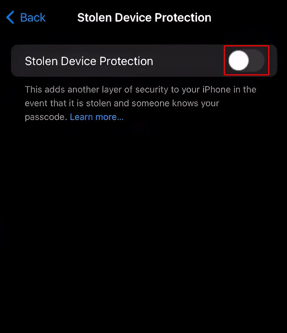 The Stolen Device Protection screen with the toggle option disabled