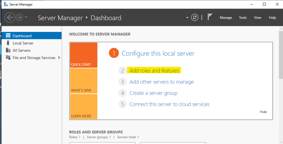 Windows Server Manager Dashboard Screenshot, Selecting "Add Roles and Features"