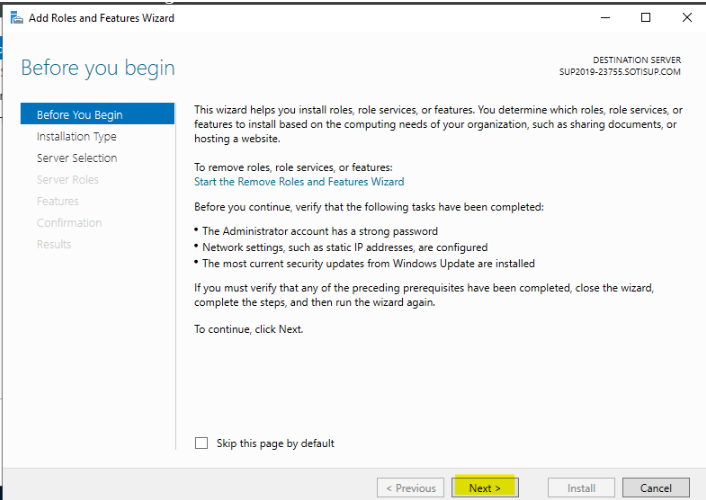 Add Roles and Features Wizard: Before You Begin Screen. "Next" is Highlighted.