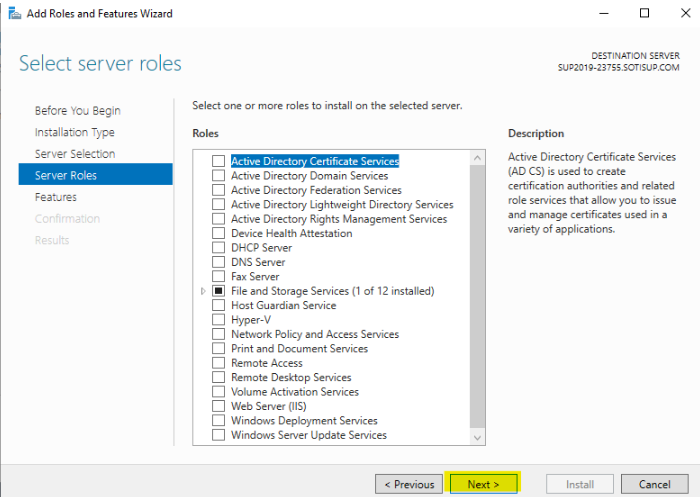 Add Roles and Features Wizard: Select server roles Screen. "Next" is Highlighted.