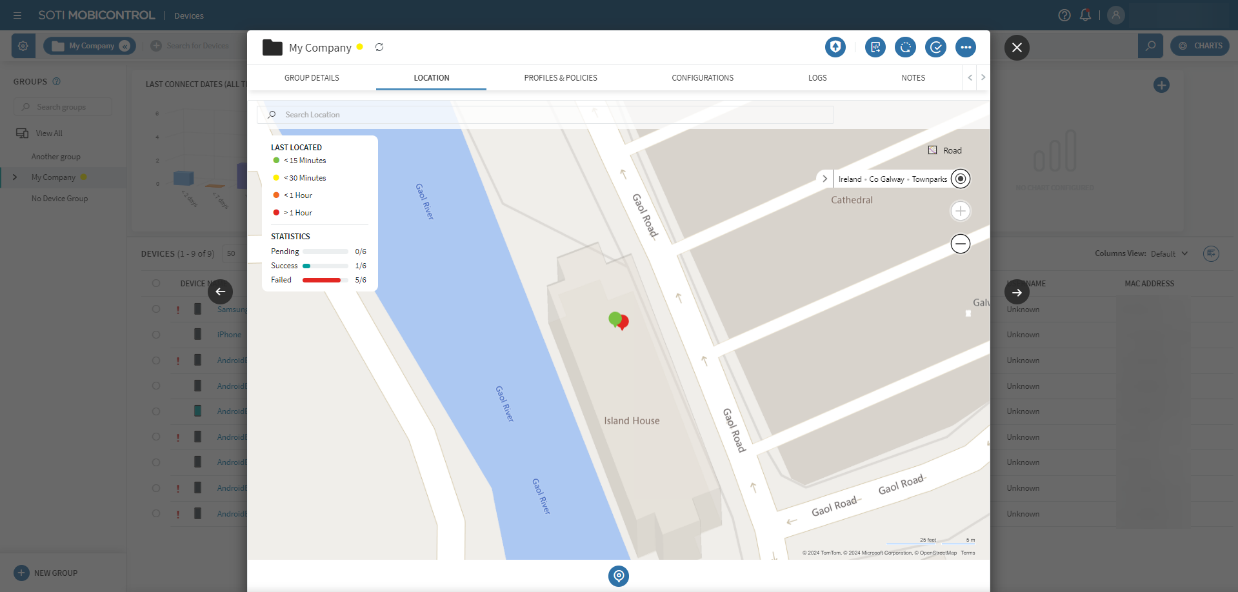 The Location tab in SOTI MobiControl’s device group advanced configurations screen