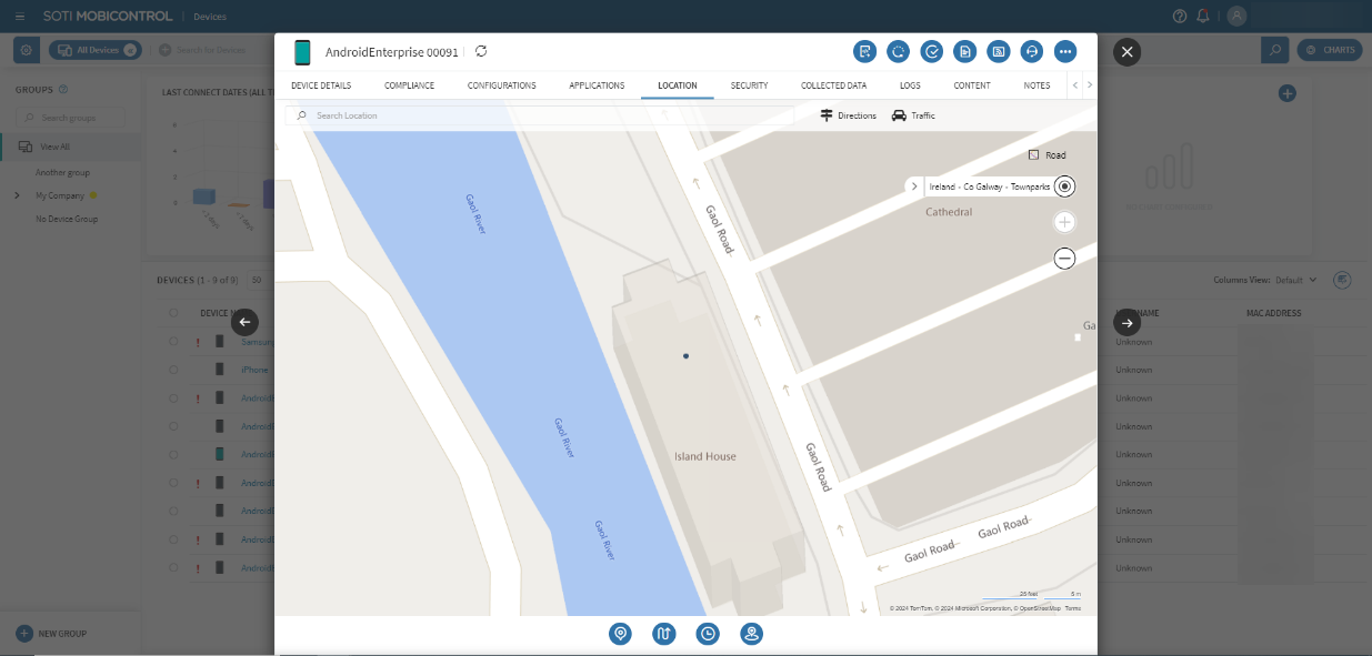 The Location tab in SOTI MobiControl’s device details screen