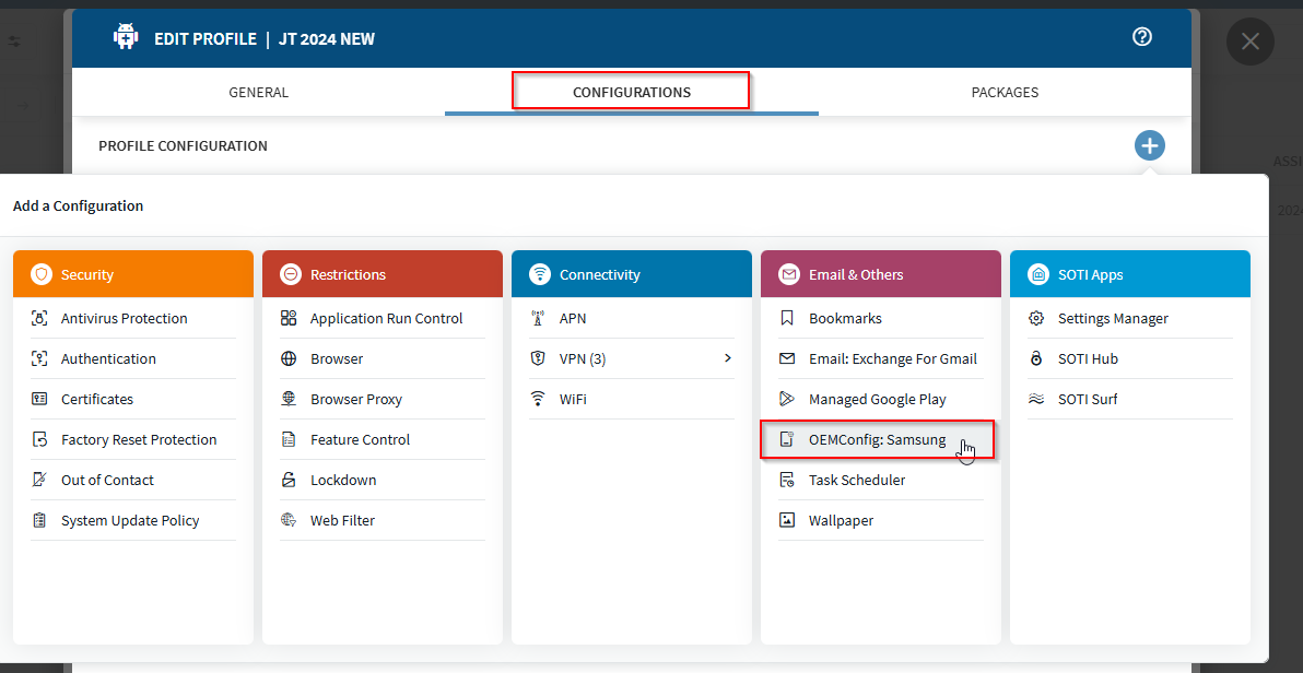 A image showing the process of editing a profile in SOTI MobiControl and adding the OEMConfig for Samsung devices