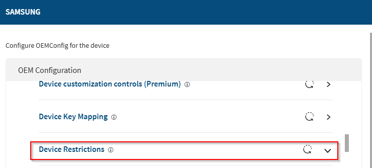 An image showing the advanced options in Samsung OEMConfig, highlighting the selection of 'Device Restrictions' settings.