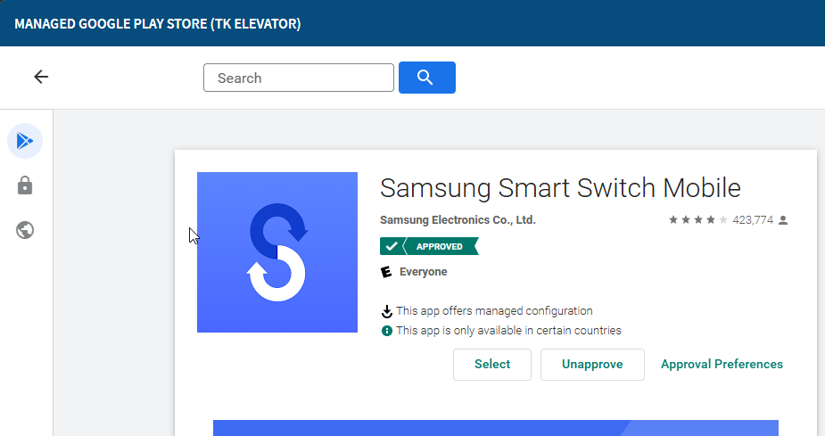 An image displaying the Samsung Smart Switch Mobile app as listed on the Managed Google Play Store within the SOTI platform.
