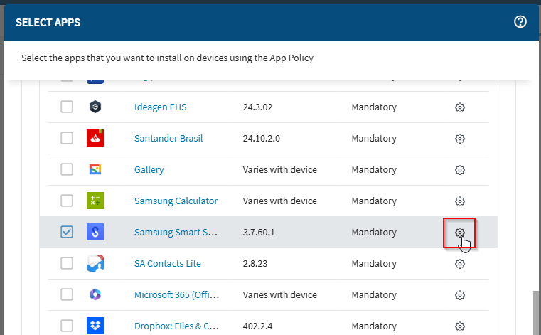 A screenshot showing the process of selecting applications from the list of app policies within the SOTI MobiControl console.