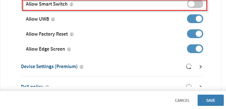 An image showing the Samsung OEMConfig settings with the 'Allow Smart Switch' option enabled.