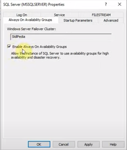 SQL Server properties panel with Always On selected
