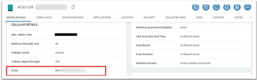 Device details page highlighting ICCID.