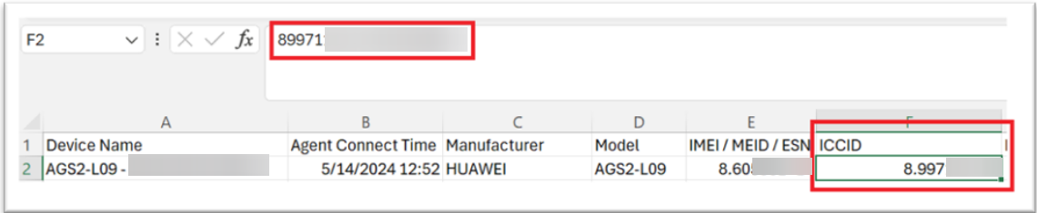 Excel Row showing details.
