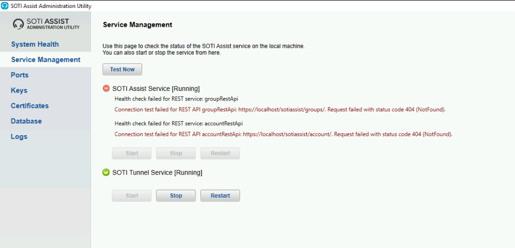 SOTI Assist Administration Utility with error when trying to restart SOTI Assist Service 