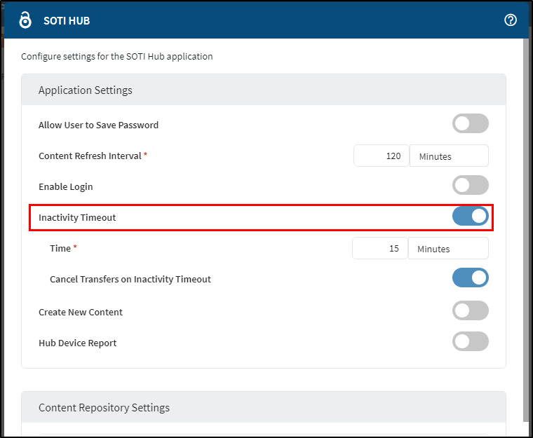SOTI Hub configuration settings.