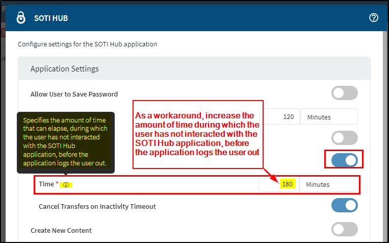 Changing the inactivity timeout value to 180 minutes.