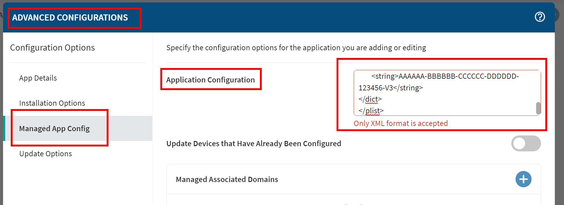 The Advanced Configurations panel