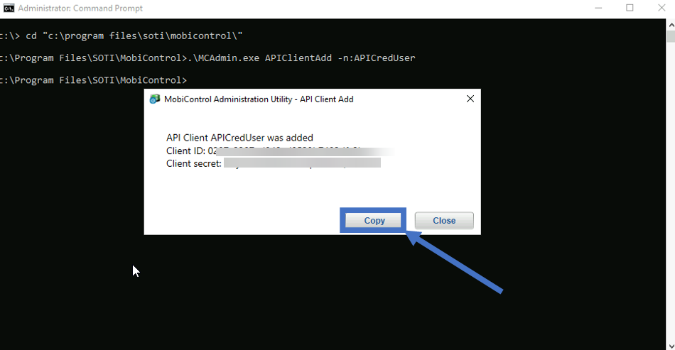 Select Copy to save the credentials