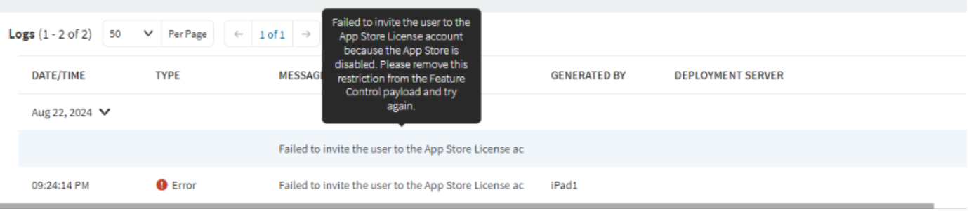 An image of the error in the device logs that states "Failed to invite the user to the App Store License account because the App Store is disabled. Please remove this restriction from the Feature Control payload and try again."