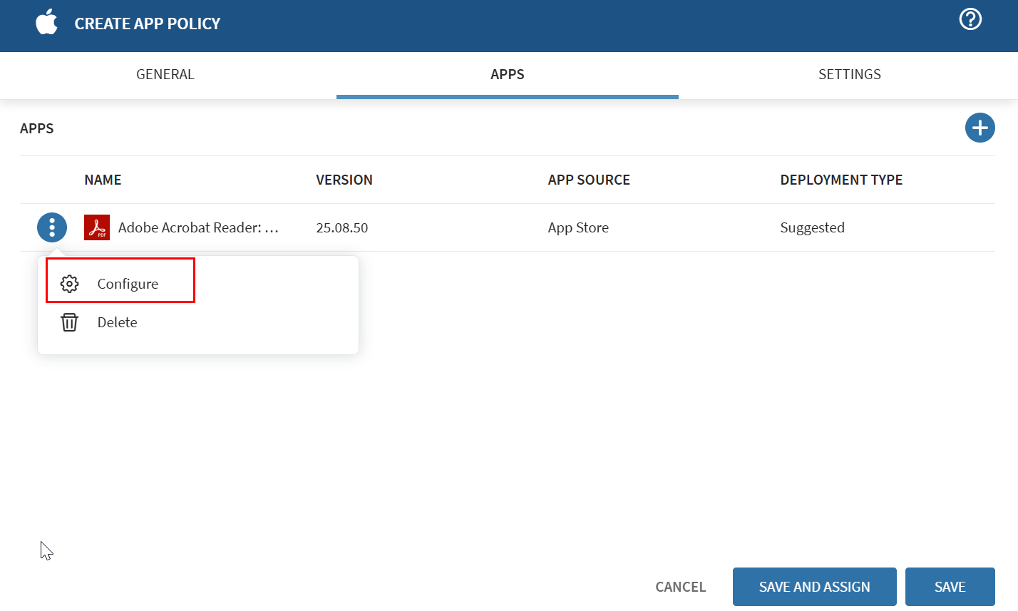 Image highlighting the "Configure" option after pressing the 3 dots button in App Policy