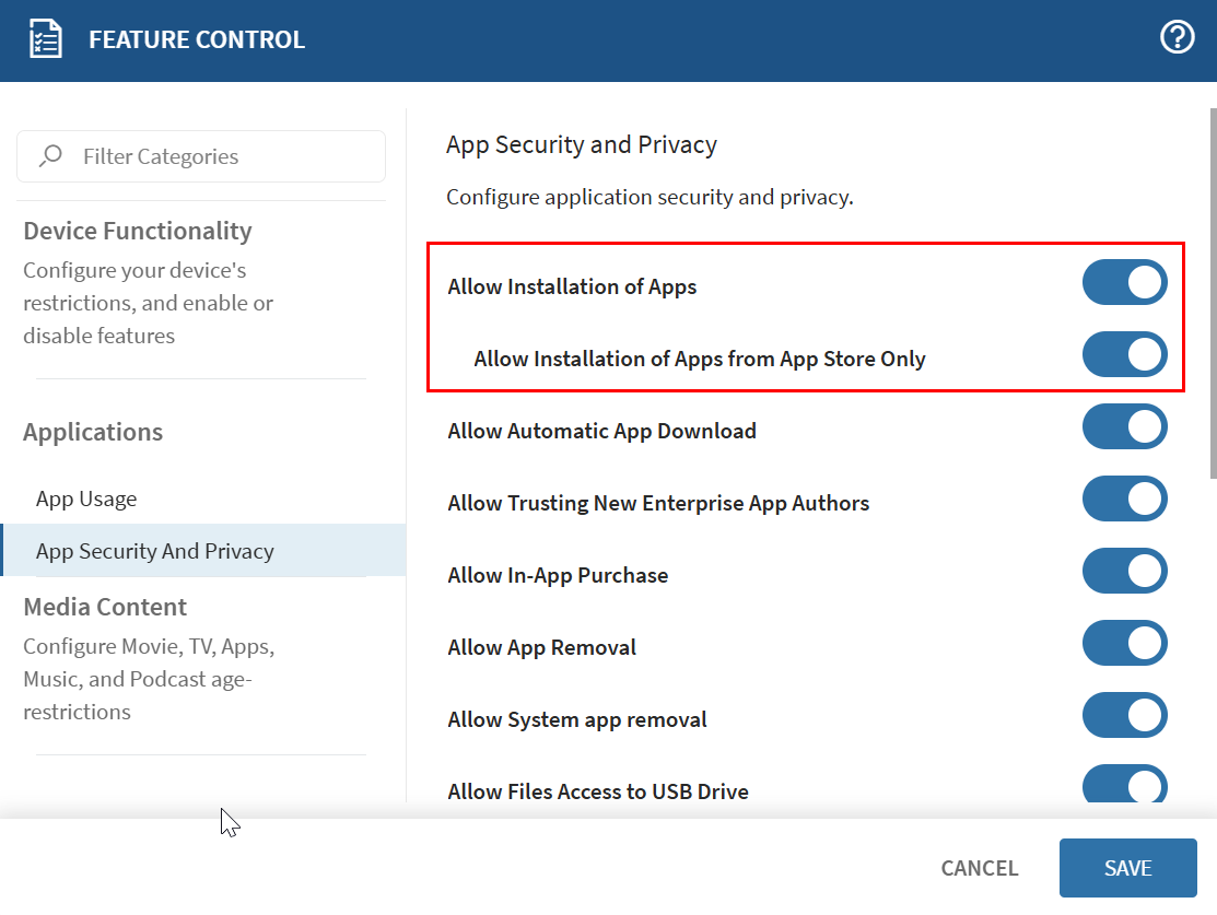 Image highlighting 2 toggles within the Feature Control configuration. The two toggles are labeled "Allow Installation of Apps" and "Allow Installation of Apps from App Store only".