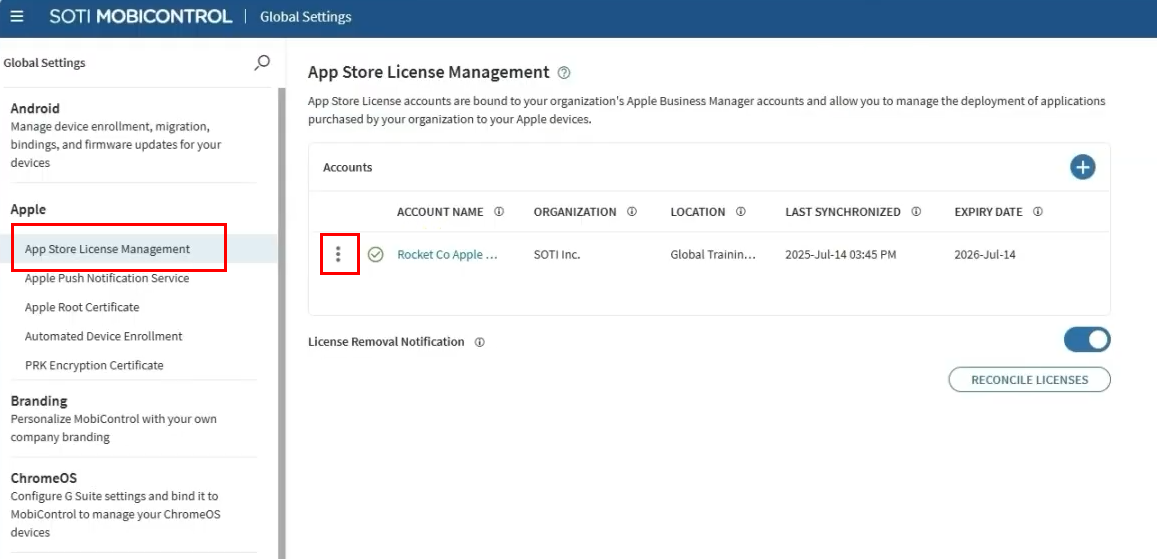 Image highlighting the 3 dots found in the "Apple Store License Management" tab of Global Settings