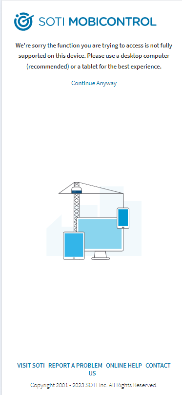 SOTI MobiControl warning message stating that the function is not fully supported on the current device.
