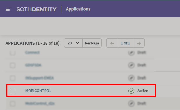 SOTI Identity applications page.