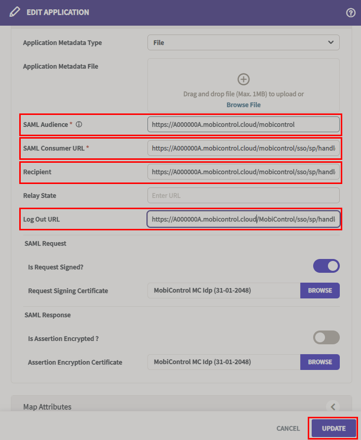 Application details when editing an application in SOTI Identity.