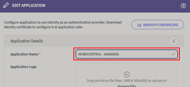 Application details when editing an application in SOTI Identity.