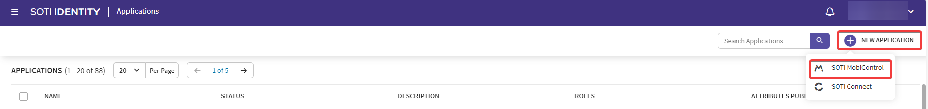 SOTI Identity Applications window