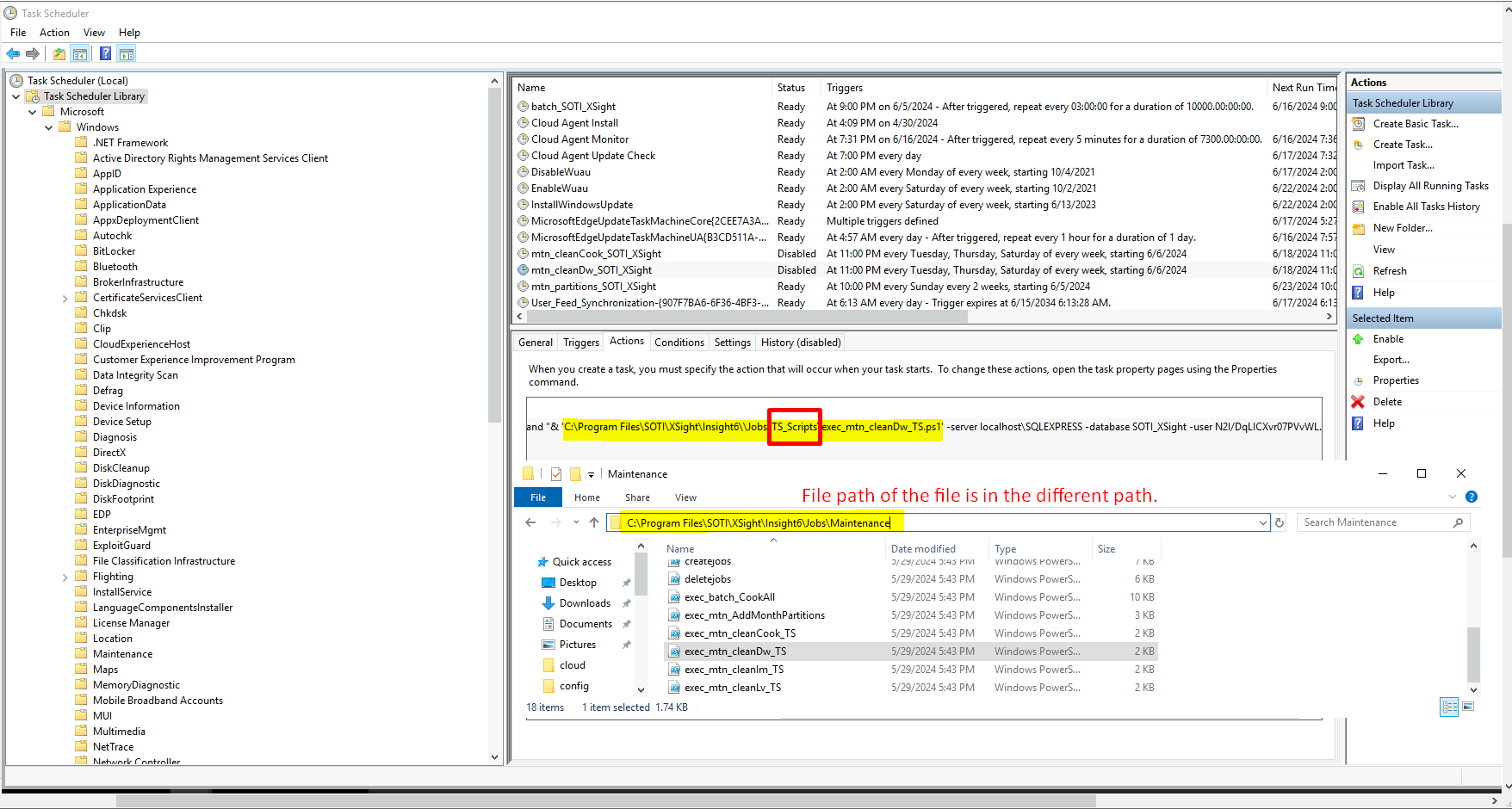 Task Scheduler is shown with the maintenance script listed, scheduled to run but not executed as intended.