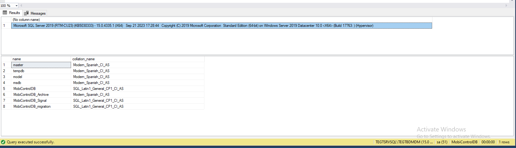 SQL query showing collations for different DBs.