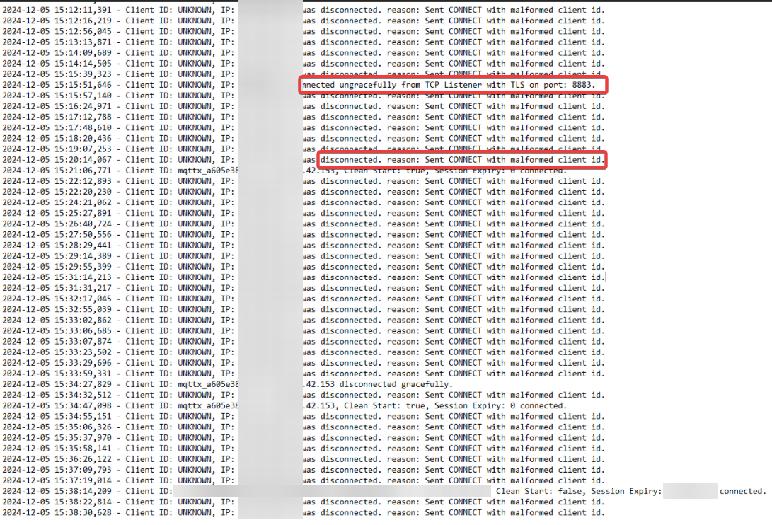 A log screenshot showing multiple entries of client connections and disconnections. Many lines indicate the disconnection reason as "Sent CONNECT with malformed client id."