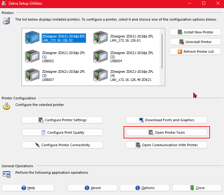 Zebra setup utility to connect to printer.